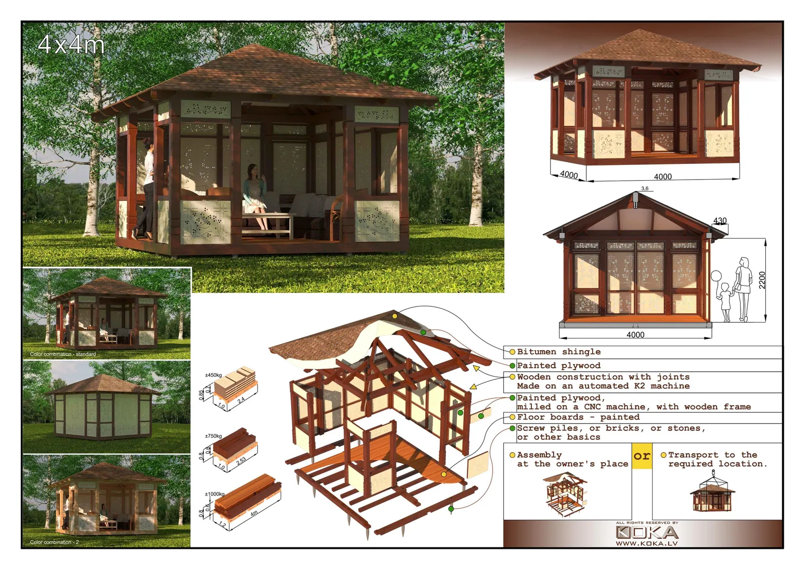 Koka konstrukcijas līdz 30 m² — 4 x 4 m variants