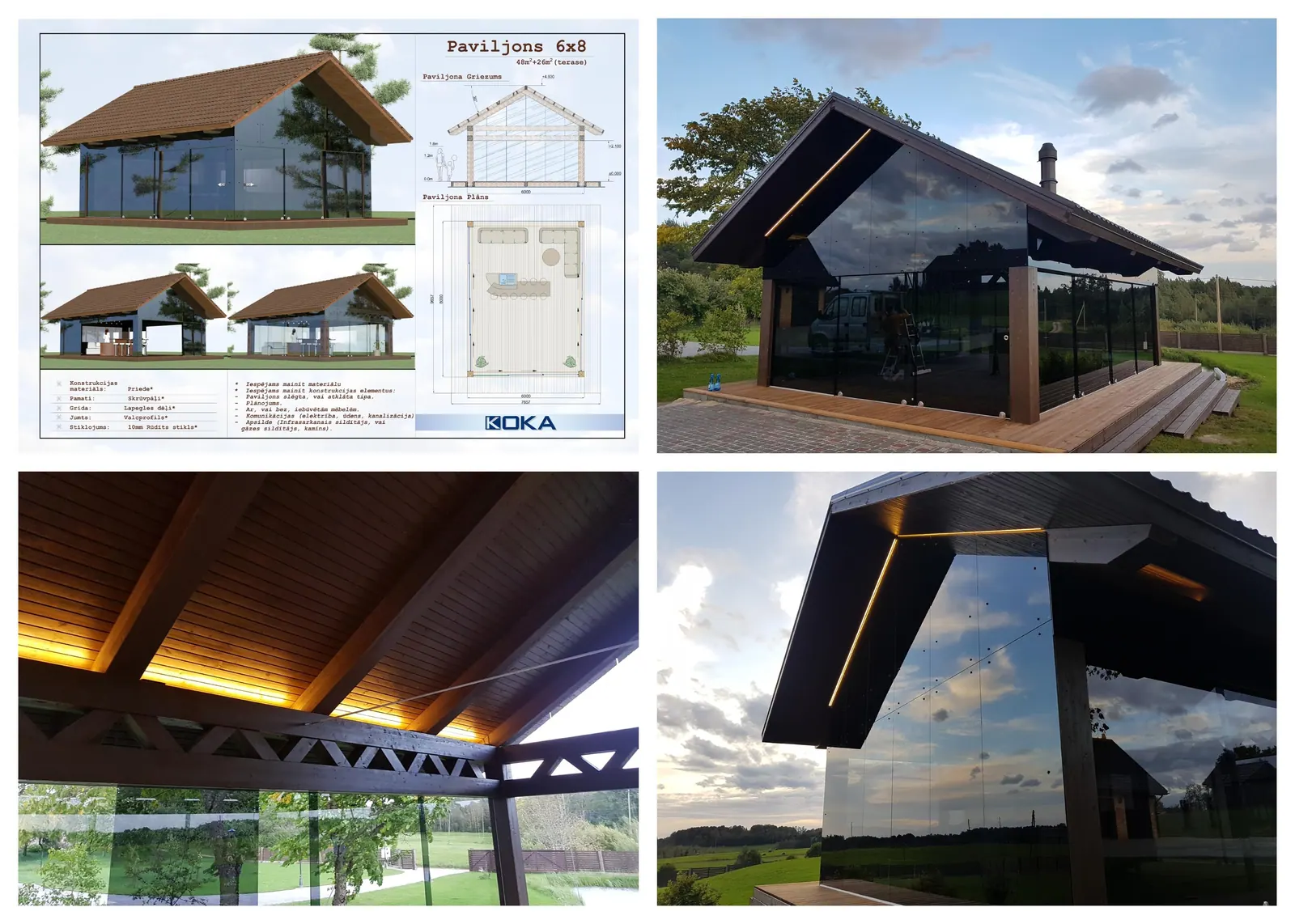 Paviljoni — Koka konstrukcija 6 x 8 m ar stiklojumu