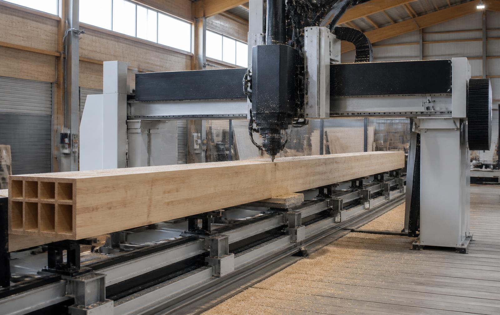 Five-axis CNC gantry cutting a timber member
