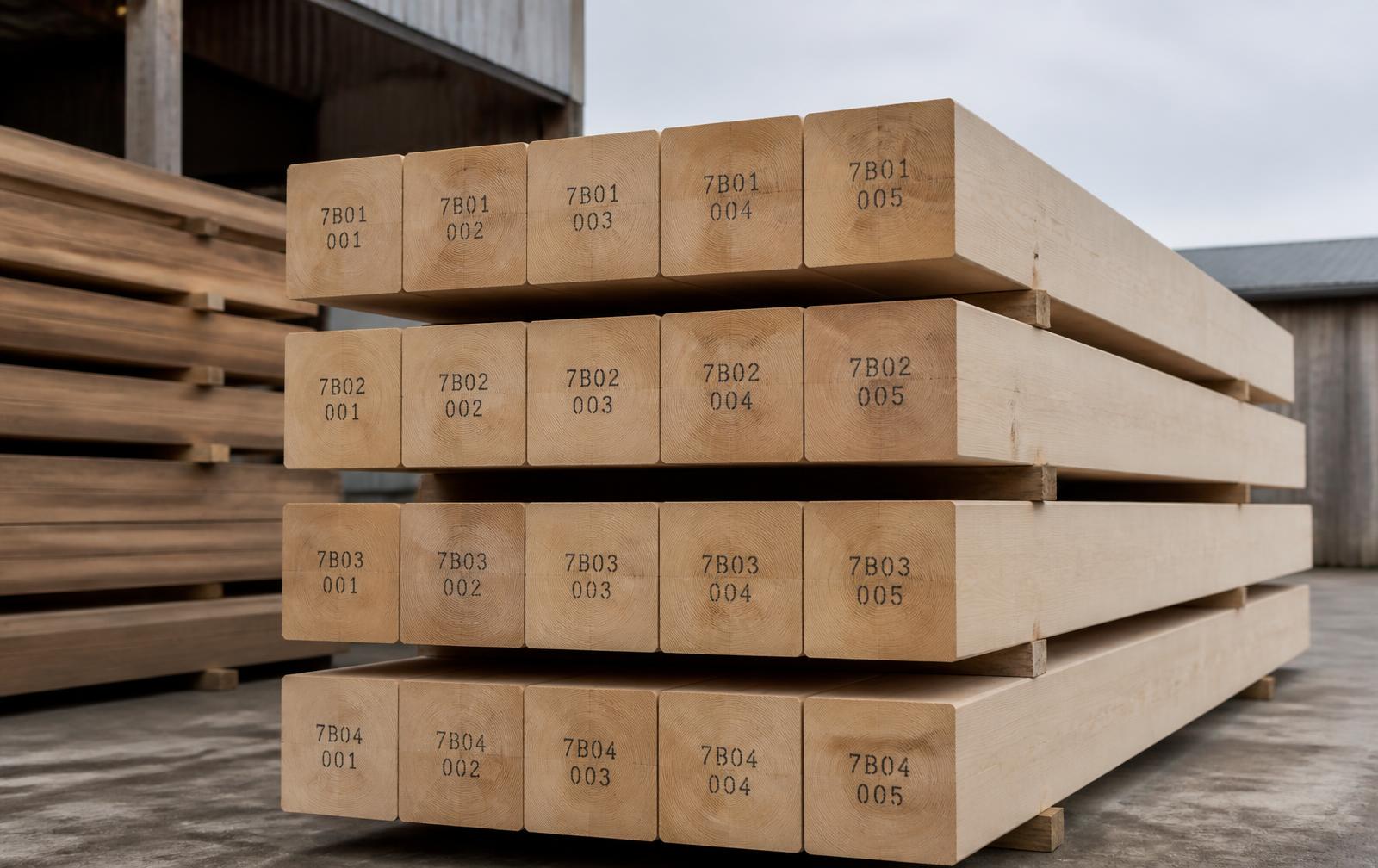 Stacked milled timber members in the workshop